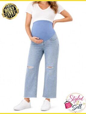 Maternity Over Belly Ripped Wide Leg Jeans Stretch Denim Pants